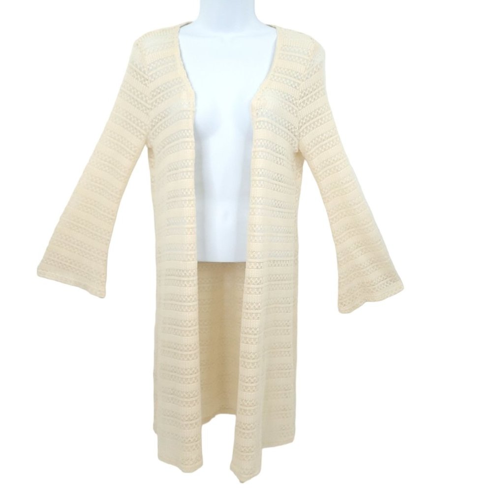 Flawless Open Front Cardigan Womens Size S Crochet Cream Long Sleeve Boho